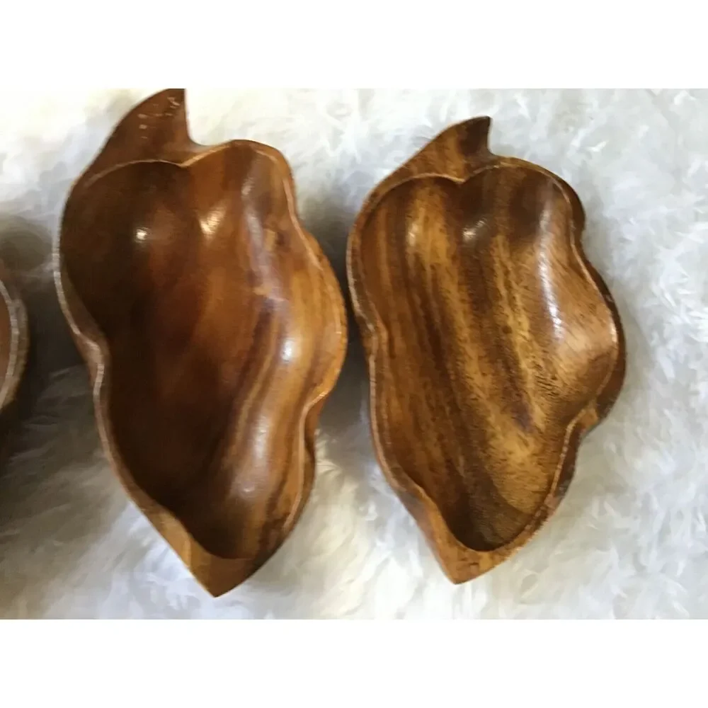 Mid Century Wooden Leaf Salad Bowl Set 5 Pc Vintage Primitive Serving Bowls